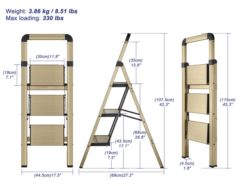 BIBKOKE Step Ladder Folding 3-Step Champagne Gold Finish Aluminum Foldable Step Ladders,Anti-Slip for Home & Kitchen Office 330 lbs - Image 2
