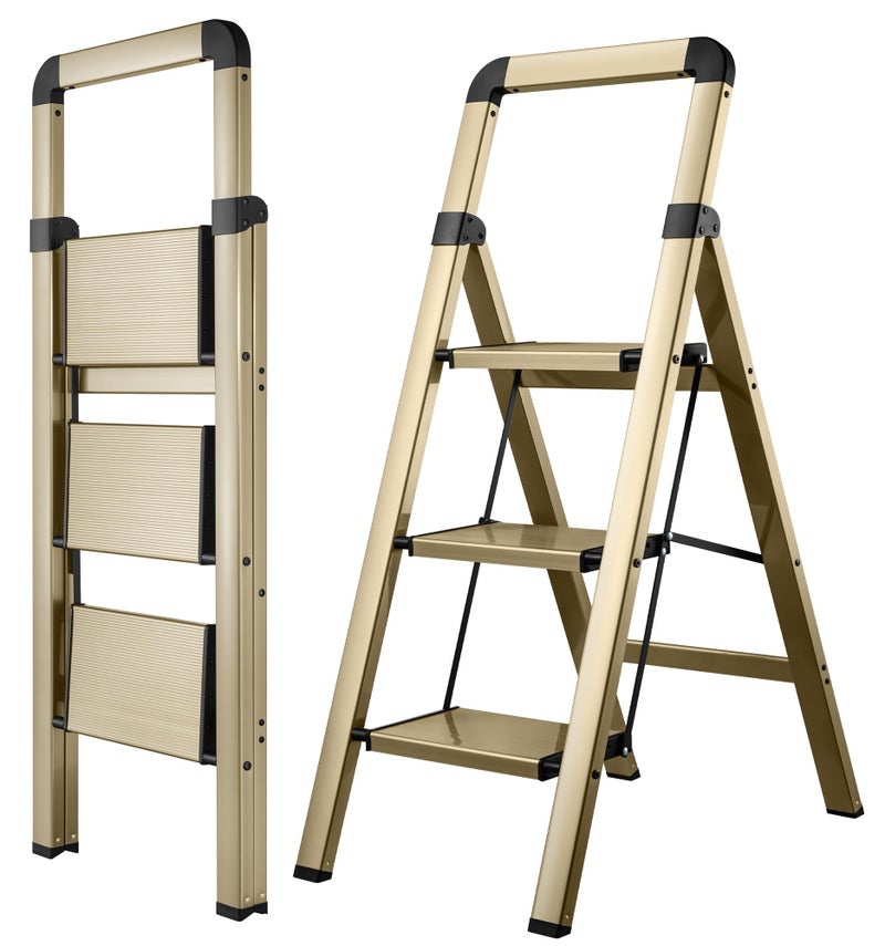 BIBKOKE Step Ladder Folding 3-Step Champagne Gold Finish Aluminum Foldable Step Ladders,Anti-Slip for Home & Kitchen Office 330 lbs - Image 1