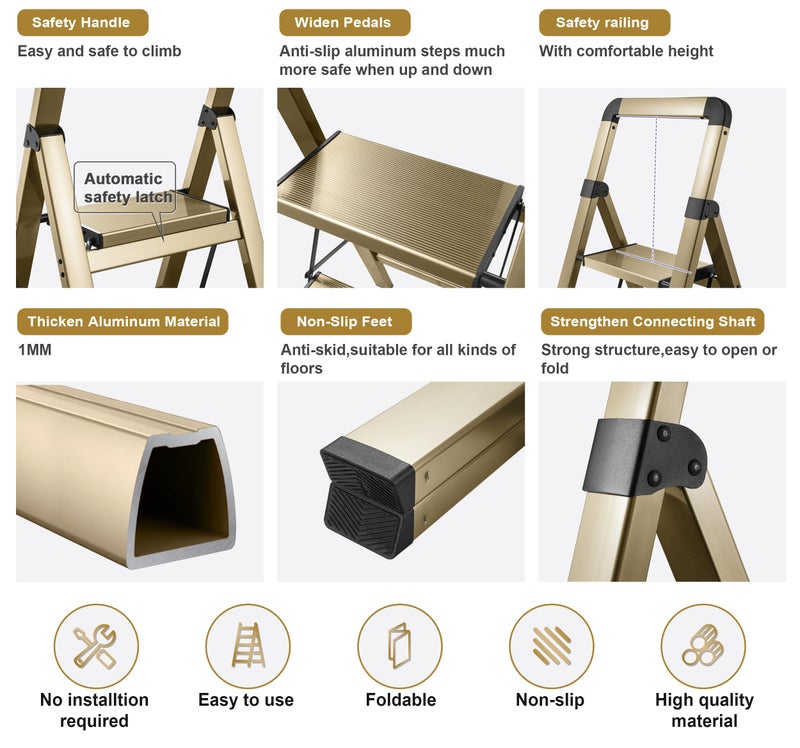 BIBKOKE Step Ladder Folding 3-Step Champagne Gold Finish Aluminum Foldable Step Ladders,Anti-Slip for Home & Kitchen Office 330 lbs - Image 3