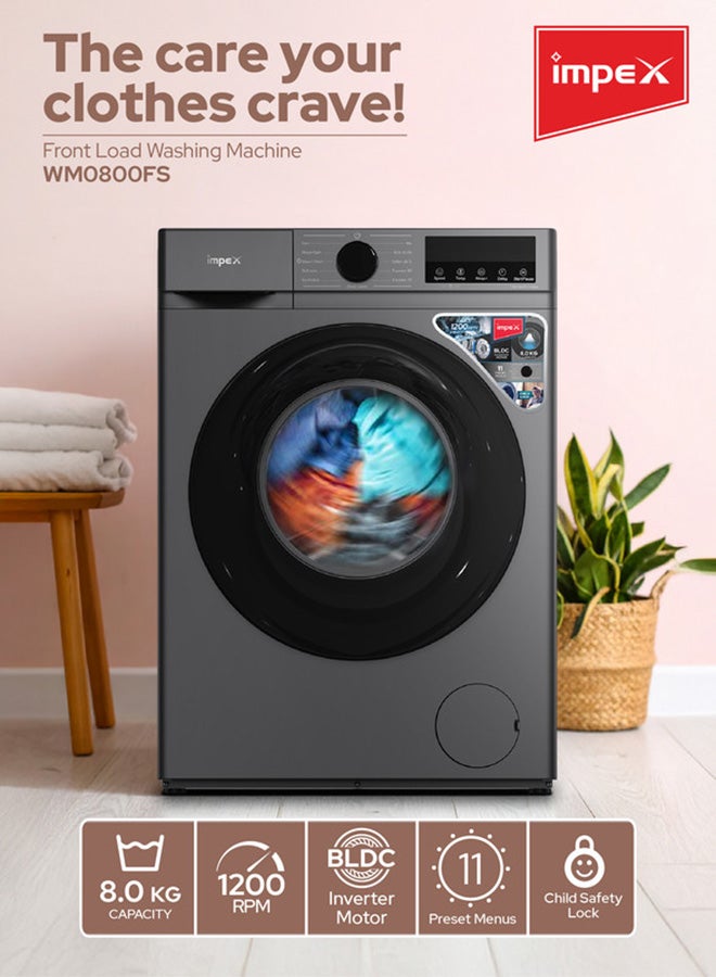 Impex 8 Kg Front Load Washing Machine | BLDC Inverter Motor | 1200 RPM | 11 Wash Programs | 5 Advanced Functions | 52L Drum Volume | LED Display | Child Safety Lock | Time Delay Function | | Low Noise | Energy Efficient | 52 L 450 W WM0800FS Grey - Image 2