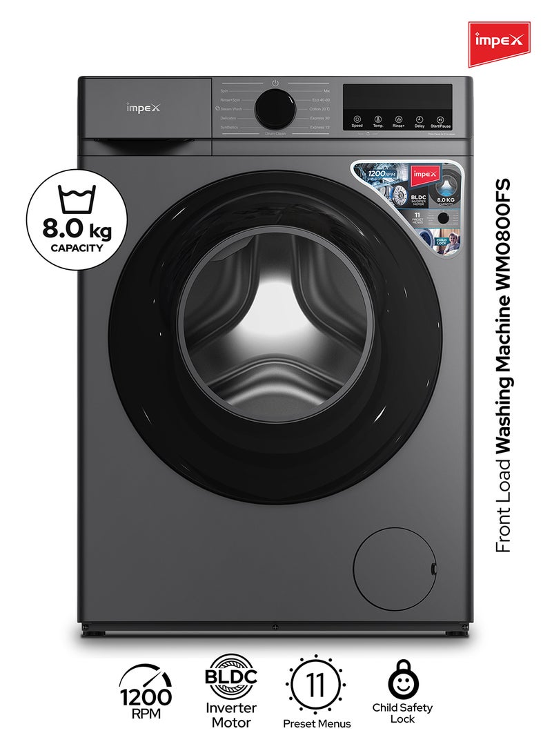 Impex 8 Kg Front Load Washing Machine | BLDC Inverter Motor | 1200 RPM | 11 Wash Programs | 5 Advanced Functions | 52L Drum Volume | LED Display | Child Safety Lock | Time Delay Function | | Low Noise | Energy Efficient | 52 L 450 W WM0800FS Grey - Image 1