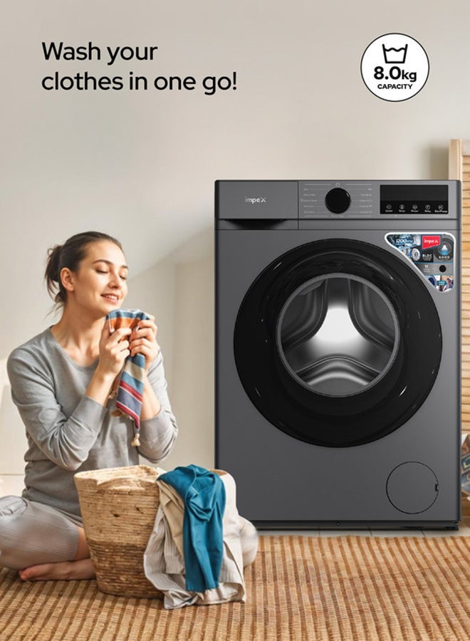 Impex 8 Kg Front Load Washing Machine | BLDC Inverter Motor | 1200 RPM | 11 Wash Programs | 5 Advanced Functions | 52L Drum Volume | LED Display | Child Safety Lock | Time Delay Function | | Low Noise | Energy Efficient | 52 L 450 W WM0800FS Grey - Image 5