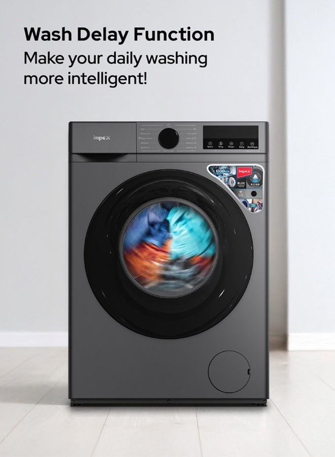 Impex 8 Kg Front Load Washing Machine | BLDC Inverter Motor | 1200 RPM | 11 Wash Programs | 5 Advanced Functions | 52L Drum Volume | LED Display | Child Safety Lock | Time Delay Function | | Low Noise | Energy Efficient | 52 L 450 W WM0800FS Grey - Image 3