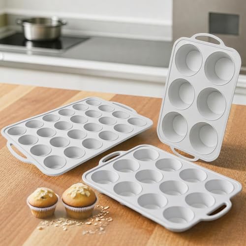 Vnray 3Pcs Silicone Muffin Pan 6 12 and 24 Cup with Metal Frame Non Stick Jumbo Cupcake Pan with Handles BPA Free Silicon Mini Muffin Tin Regular Tray For BakingEgg BitesMold Light Grey - Image 1