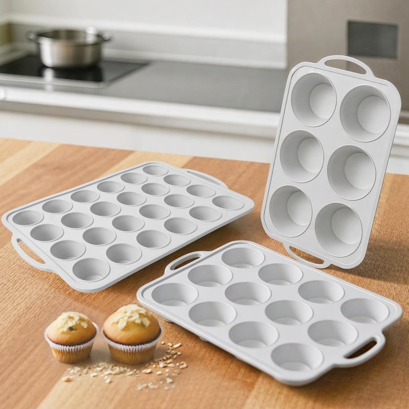 Vnray 3Pcs Silicone Muffin Pan 6 12 and 24 Cup with Metal Frame Non Stick Jumbo Cupcake Pan with Handles BPA Free Silicon Mini Muffin Tin Regular Tray For BakingEgg BitesMold Light Grey - Image 2
