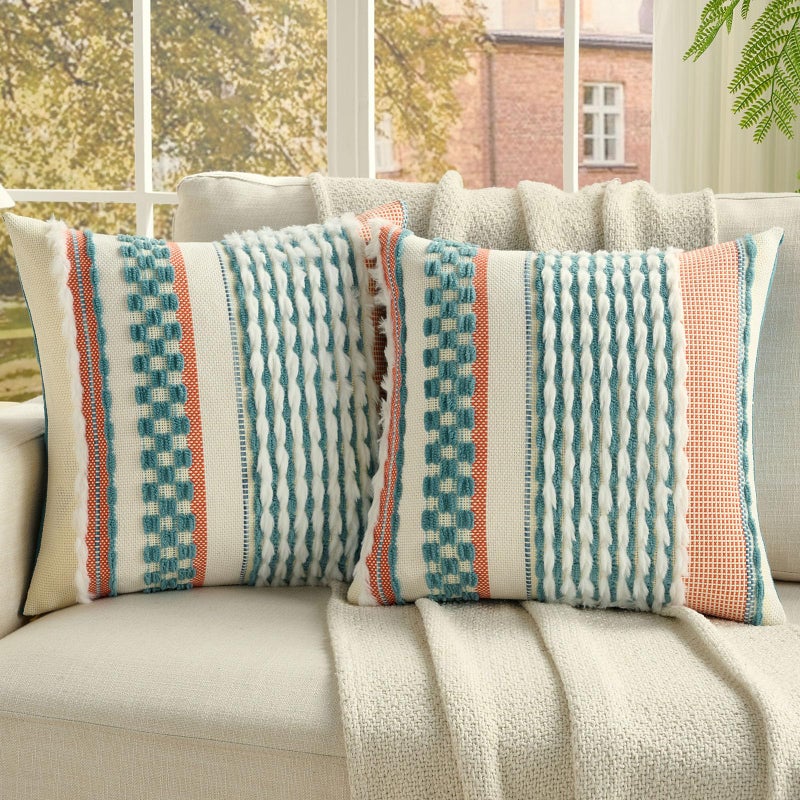 FUTEI Teal Accent Throw Pillow Covers Set of 2, 18x18 Inch Plush Tufted Striped Textured Decorative Cushion Cases for Farmhouse Boho Couch Decor - Image 1
