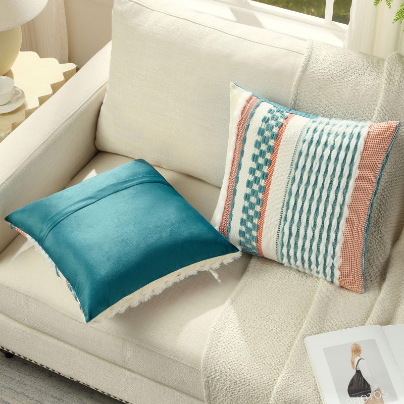 FUTEI Teal Accent Throw Pillow Covers Set of 2, 18x18 Inch Plush Tufted Striped Textured Decorative Cushion Cases for Farmhouse Boho Couch Decor - Image 4