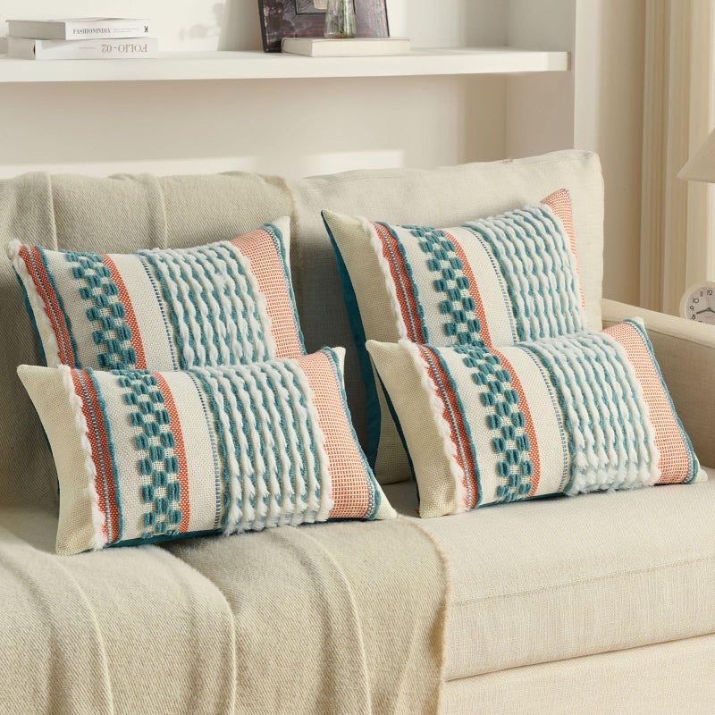 FUTEI Teal Accent Throw Pillow Covers Set of 2, 18x18 Inch Plush Tufted Striped Textured Decorative Cushion Cases for Farmhouse Boho Couch Decor - Image 5