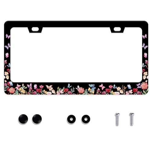 UNINDREM Butterfly Flower License Plate Frame Forest Flower Stainless Steel License Plate Frame Auto Parts Decoration with Screws License Plate Holder for Men Women 12x6 Inch - Image 1