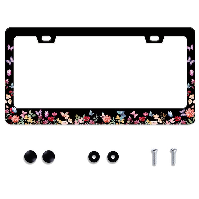 UNINDREM Butterfly Flower License Plate Frame Forest Flower Stainless Steel License Plate Frame Auto Parts Decoration with Screws License Plate Holder for Men Women 12x6 Inch - Image 2