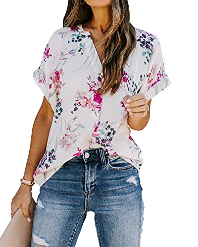 Allimy Womens Summer Casual Blouses Dressy Trendy 2025 Short Sleeve Floral Tops Purple L - Image 2