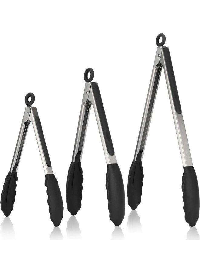 U-Taste Kitchen Tongs, U-Taste 7/9/12 inches Cooking Tongs, with 600ºF High Heat-Resistant Non-Stick Silicone Tips, 18/8 Stainless Steel Handle, for Food Grill, Salad, BBQ, Frying, Serving, Pack of 3(Black) - Image 1