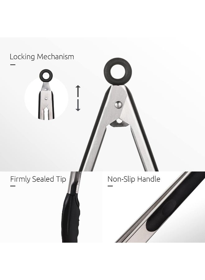 U-Taste Kitchen Tongs, U-Taste 7/9/12 inches Cooking Tongs, with 600ºF High Heat-Resistant Non-Stick Silicone Tips, 18/8 Stainless Steel Handle, for Food Grill, Salad, BBQ, Frying, Serving, Pack of 3(Black) - Image 5
