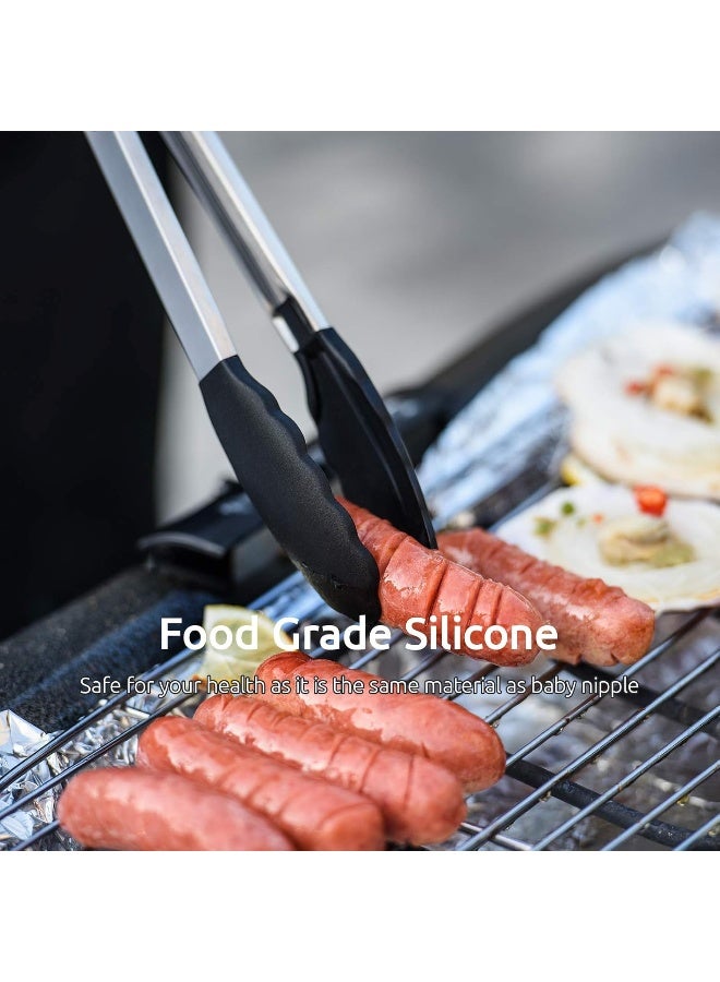 U-Taste Kitchen Tongs, U-Taste 7/9/12 inches Cooking Tongs, with 600ºF High Heat-Resistant Non-Stick Silicone Tips, 18/8 Stainless Steel Handle, for Food Grill, Salad, BBQ, Frying, Serving, Pack of 3(Black) - Image 3