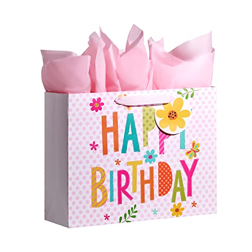 Bobobag 13" Pink Gift Bag with Tissue Paper for happy Birthday large gift bags for Girls - Image 1