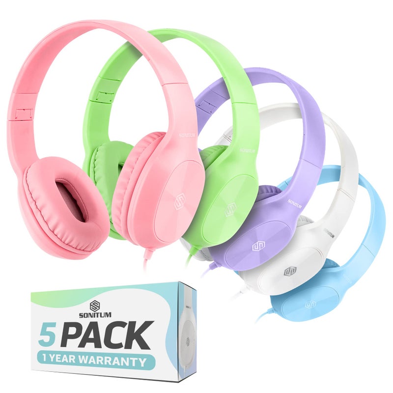 Sonitum Kids Headphones for School Bulk Set 5-Pack On-Ear, 3.5mm, Wired Headphones for Schools & Libraries – Adjustable, Cushioned Headphones (Mixed Colors) - Image 1