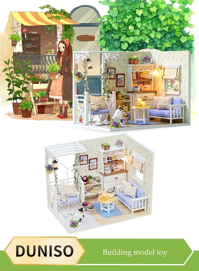 DUNISO طقم منزل دمى مصغر DIY مع أثاث، لعبة غرفة صغيرة متعددة الوظائف محمولة، منزل دمى إبداعي، ألعاب حرف يدوية، نموذج غرفة حديث، مع ملحقات إضاءة LED، مناسب للأطفال من عمر 6-12 - Image 1