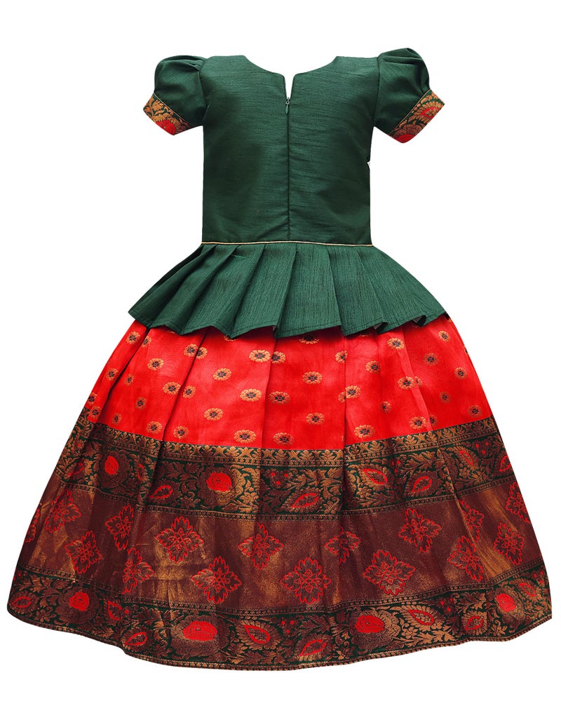 Suzvan Baby Girls South Indian Pattu Pavadai Lehenga Choli set For kids Dress (Red & Green, 5 Years-6 Years) - Image 2