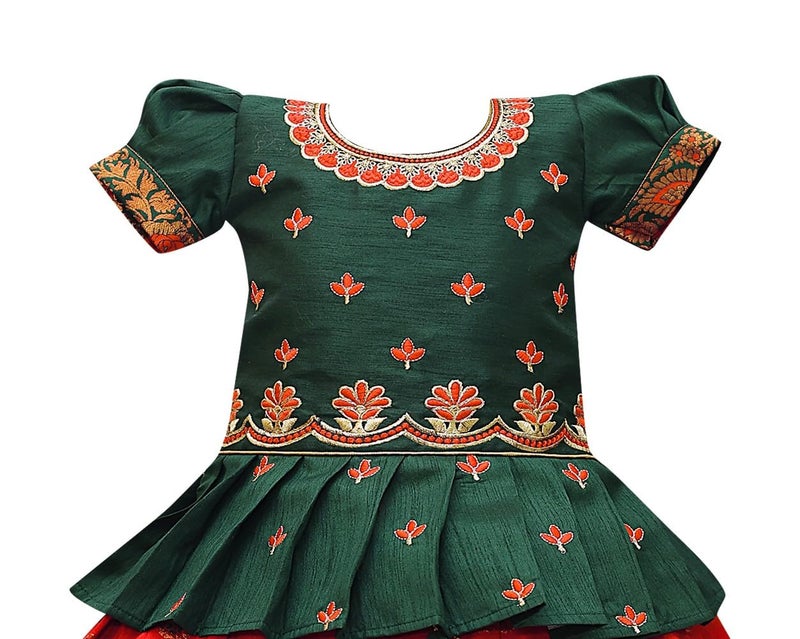 Suzvan Baby Girls South Indian Pattu Pavadai Lehenga Choli set For kids Dress (Red & Green, 5 Years-6 Years) - Image 3
