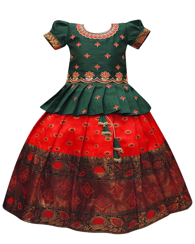Suzvan Baby Girls South Indian Pattu Pavadai Lehenga Choli set For kids Dress (Red & Green, 5 Years-6 Years) - Image 1