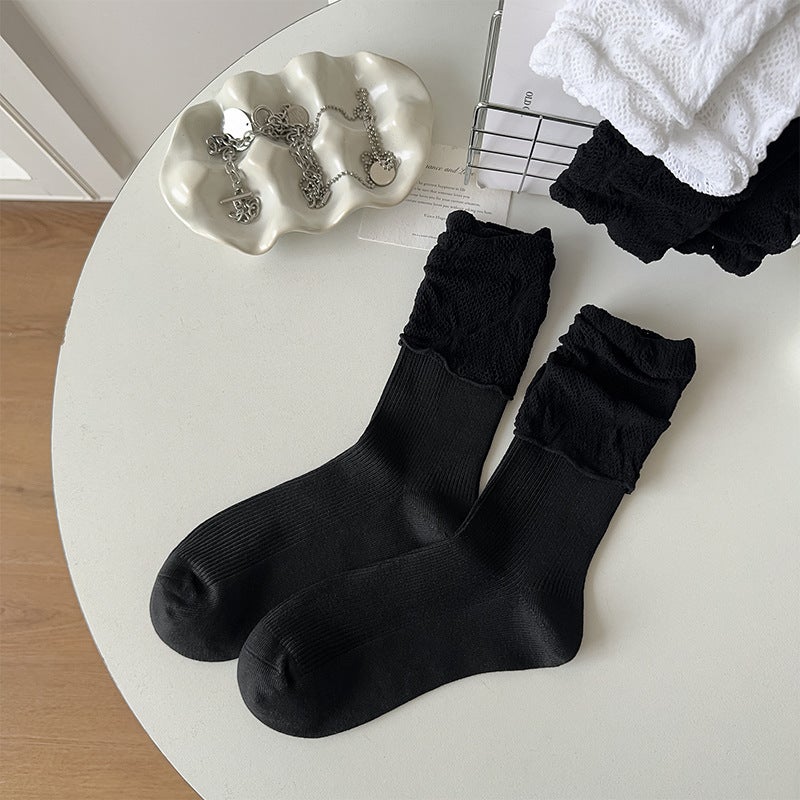 Lolita Lace Splicing Mid-Calf Socks for Women in Spring and Autum Japanese Style Soft Girl Jk Style Black and White Pile Socks - Image 1