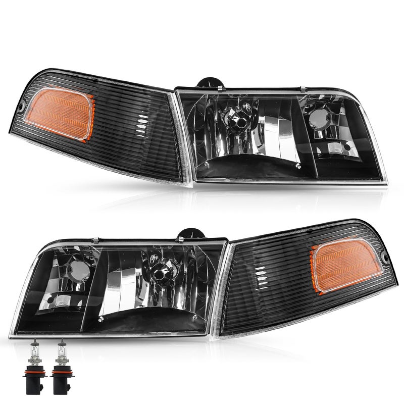 TUSDAR Headlight Assembly Set with Corner Lights 4pcs for 19982011 Ford Crown Victoria Headlamp with Bulbs Black Housing with Amber Reflector