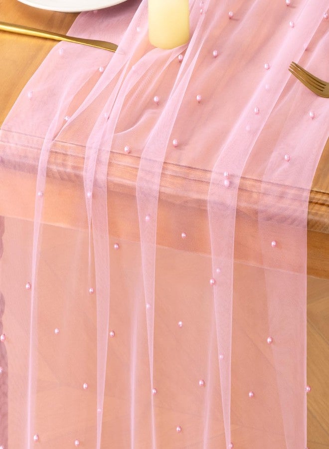 MLMC Pink Pearl Table Runner Boho Rustic Tulle Table Runner with Pearls 10ft 29"x120" Cheesecloth Table Decor for Wedding Anniversary Baby Shower Home Decoration - Image 1