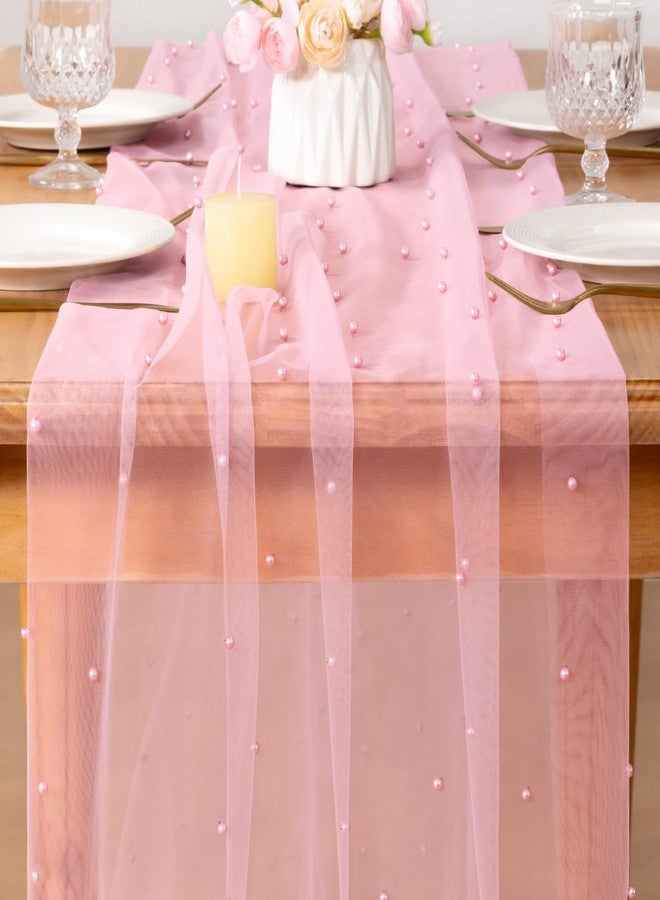 MLMC Pink Pearl Table Runner Boho Rustic Tulle Table Runner with Pearls 10ft 29"x120" Cheesecloth Table Decor for Wedding Anniversary Baby Shower Home Decoration - Image 2