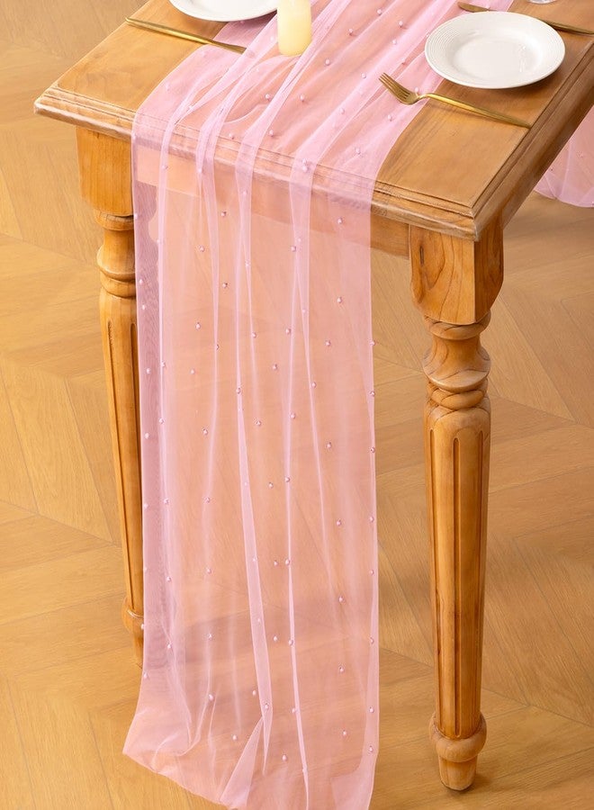 MLMC Pink Pearl Table Runner Boho Rustic Tulle Table Runner with Pearls 10ft 29"x120" Cheesecloth Table Decor for Wedding Anniversary Baby Shower Home Decoration - Image 5