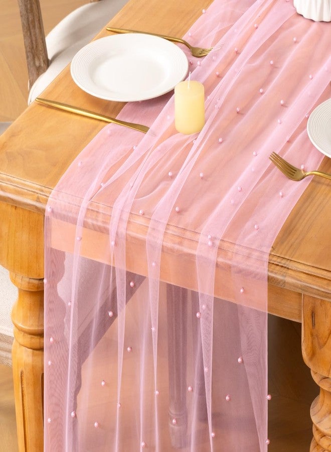MLMC Pink Pearl Table Runner Boho Rustic Tulle Table Runner with Pearls 10ft 29"x120" Cheesecloth Table Decor for Wedding Anniversary Baby Shower Home Decoration - Image 3