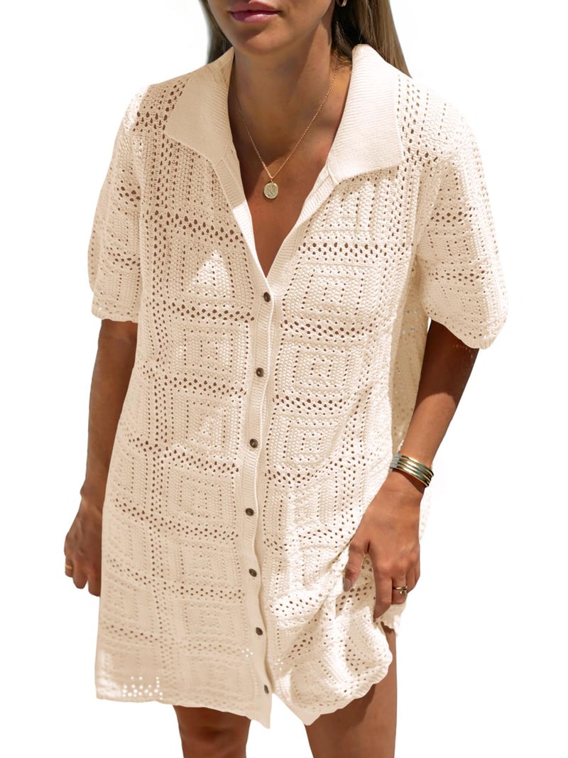 Saodimallsu Womens Crochet Swimsuit Cover Up Dress Short Sleeve Button V Neck Knit Summer Beach Vacation Outfits Beige - Image 1