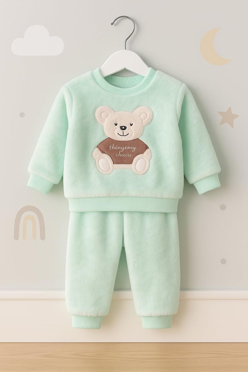 Bold N Elegant Bicolor Cartoon Winter Warm Fleece Kid's Sweatshirt Tshirt and Pajami Pyjama Clothing Set for Boys Girls (Sea Green, 4-5 Years) - Image 2