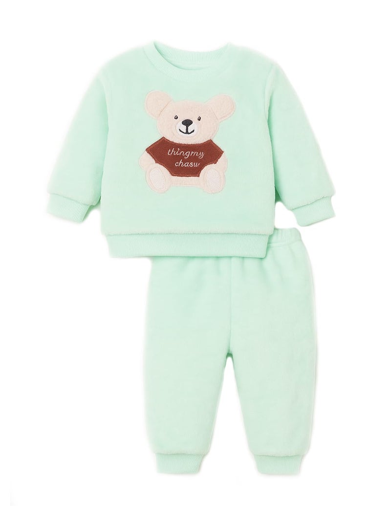 Bold N Elegant Bicolor Cartoon Winter Warm Fleece Kid's Sweatshirt Tshirt and Pajami Pyjama Clothing Set for Boys Girls (Sea Green, 4-5 Years) - Image 1