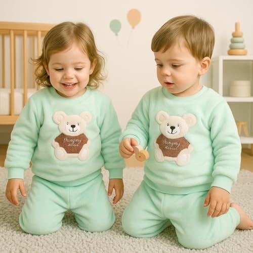 Bold N Elegant Bicolor Cartoon Winter Warm Fleece Kid's Sweatshirt Tshirt and Pajami Pyjama Clothing Set for Boys Girls (Sea Green, 4-5 Years) - Image 3