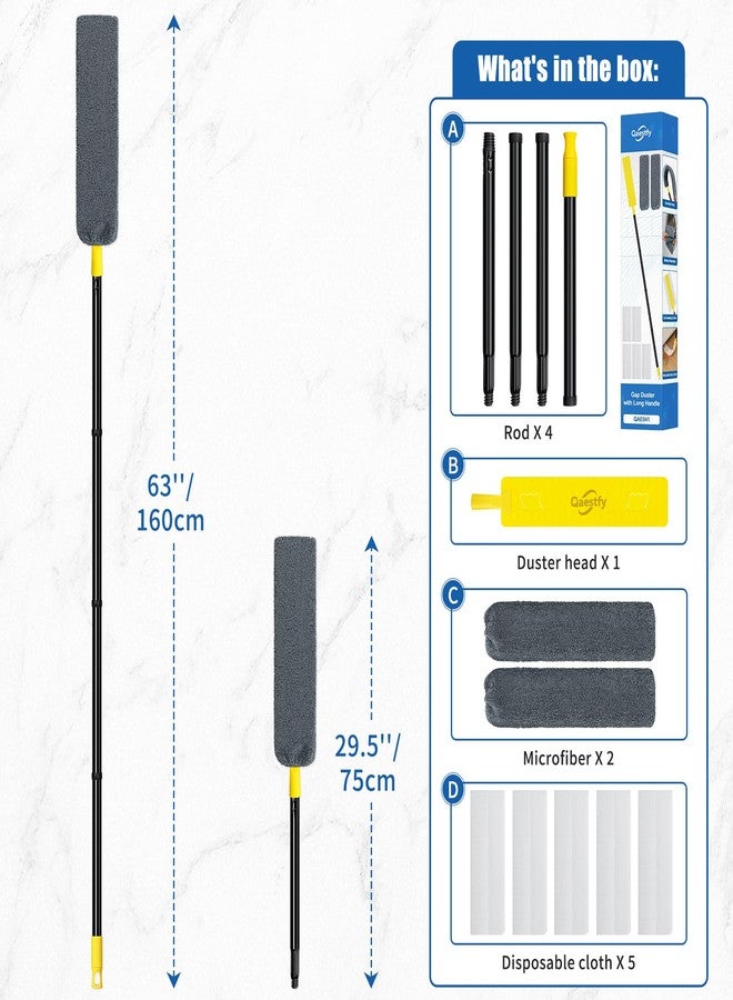 Qaestfy Under Appliance Cleaning Tool with Long Handle, 2 Reusable Microfiber Pads, 5 Disposable Dusting Cloths, Retractable Flat Gap Duster (30-63”) for Behind Fridge, Washer, Bed, Furniture - Image 3
