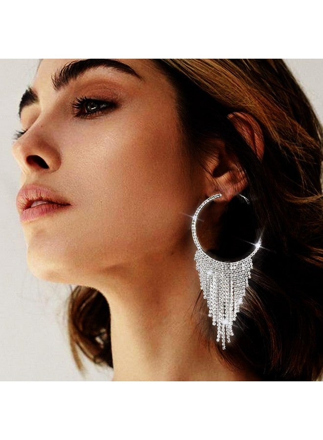 EARENT Silver Rhinestone Tassel Earrings Sparkly Chandelier Fringe Earring New Year Eve Crystal Earrings Jewelry For Women - Image 2