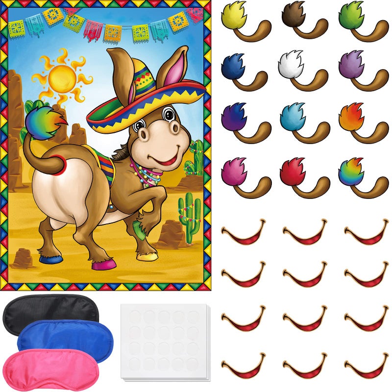 Zonon Pin The Tail on The Donkey Mexican Donkey Mexican Fiesta Decorations Taco Party Supplies Poster with Blindfolds and Stickers Fiesta Birthday Carnival Decorations - Image 2