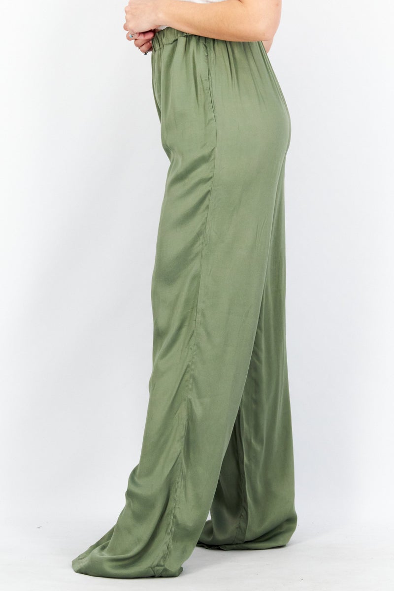 NA-KD Women Slim Leg Satin Pants, Dusty Green - Image 3