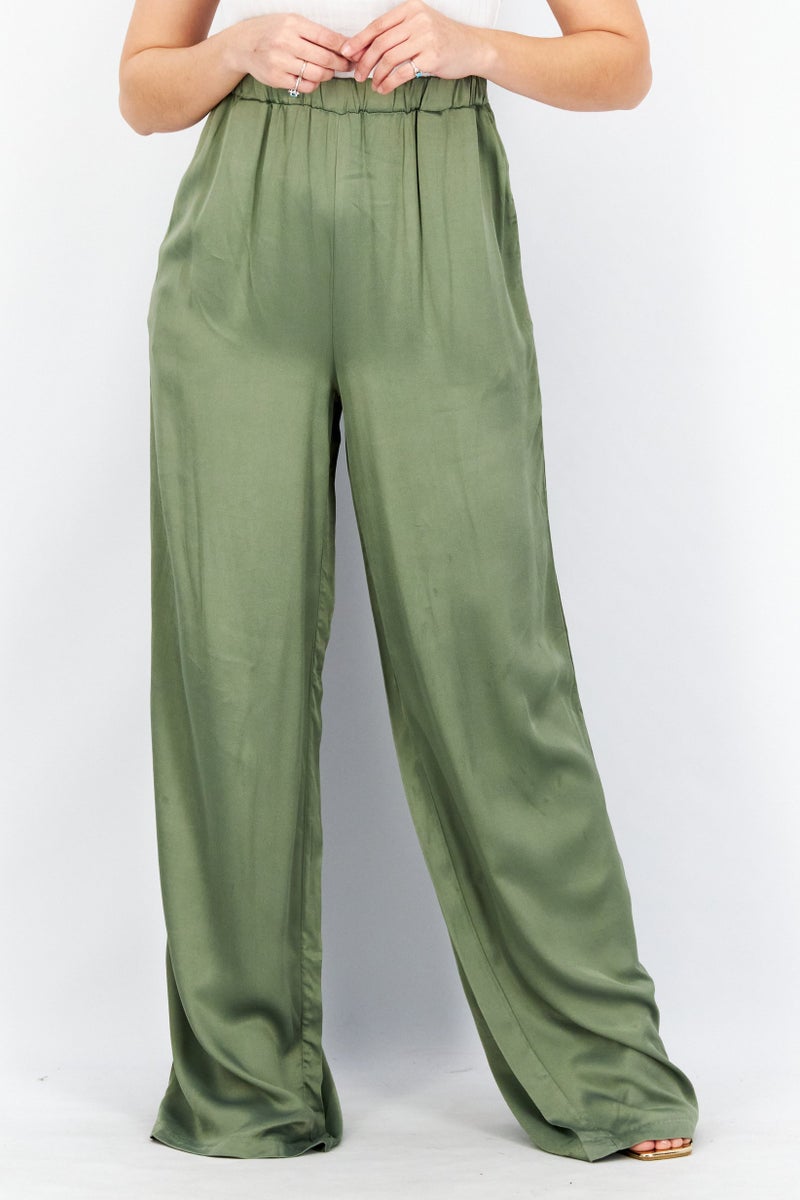 NA-KD Women Slim Leg Satin Pants, Dusty Green - Image 1