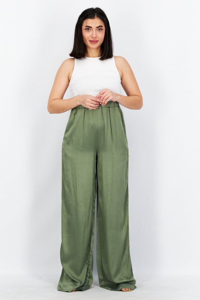 NA-KD Women Slim Leg Satin Pants, Dusty Green - Image 2