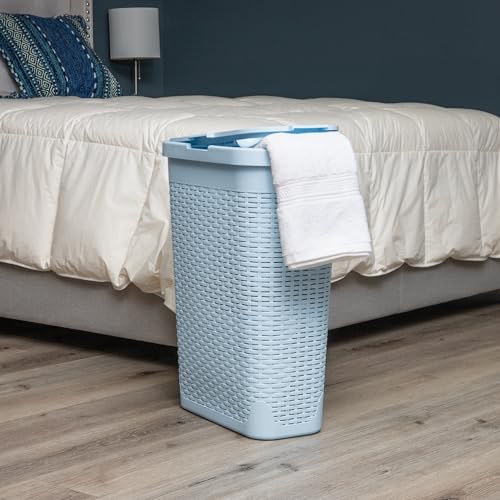 Mind Reader Slim Laundry Hamper with Lid, 40L Clothes Basket, Premium Wicker Design, Plastic, Baby Blue - Image 2