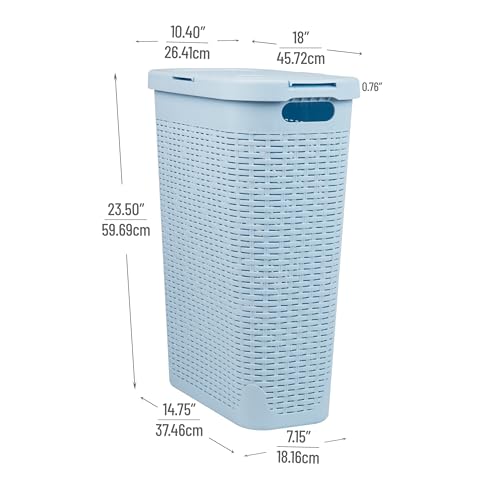 Mind Reader Slim Laundry Hamper with Lid, 40L Clothes Basket, Premium Wicker Design, Plastic, Baby Blue - Image 3