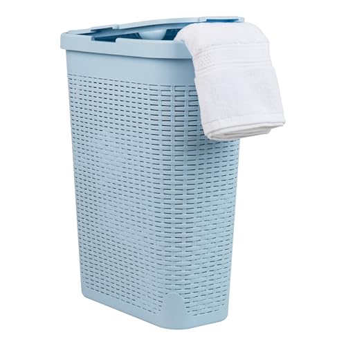 Mind Reader Slim Laundry Hamper with Lid, 40L Clothes Basket, Premium Wicker Design, Plastic, Baby Blue - Image 1