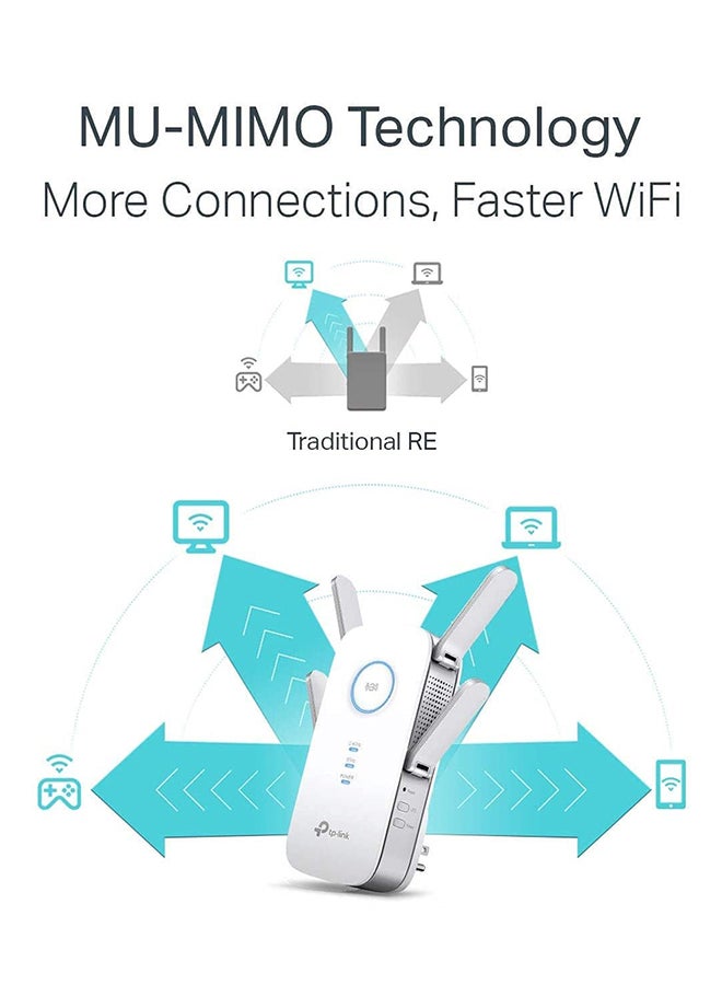 TP LINK AC2600 Wi-Fi Range Extender With Gigabit Ethernet Port Dual Band Frequency 2.4GHz & 5GHz Up to 1733Mbps Signal Rate 4x External Antennas RE650 - White
