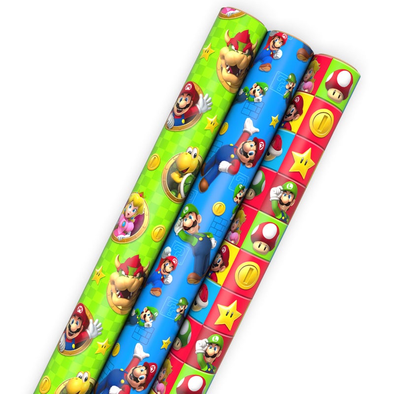 Hallmark Nintendo Super Mario Wrapping Paper Rolls for Kids with Cutlines on Reverse (3 Rolls: 60 Sq. Ft. Total) Mario, Luigi, Yoshi, Bowser, Princess Peach, Toad - Image 1