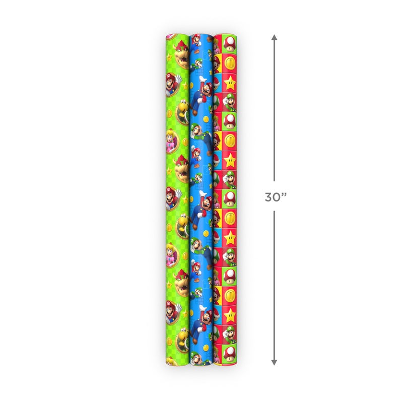 Hallmark Nintendo Super Mario Wrapping Paper Rolls for Kids with Cutlines on Reverse (3 Rolls: 60 Sq. Ft. Total) Mario, Luigi, Yoshi, Bowser, Princess Peach, Toad - Image 3