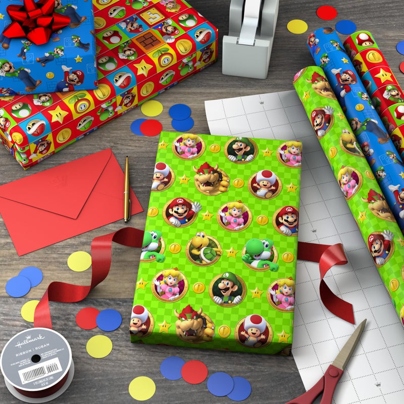 Hallmark Nintendo Super Mario Wrapping Paper Rolls for Kids with Cutlines on Reverse (3 Rolls: 60 Sq. Ft. Total) Mario, Luigi, Yoshi, Bowser, Princess Peach, Toad - Image 2