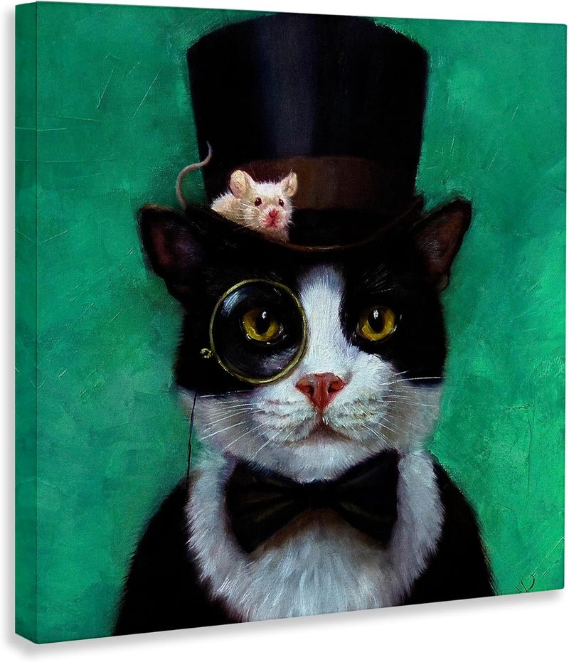Stupell Industries Good Sir Top Hat Cat with a Mouse and A Monocle Turquoise Painting Wall Plaque, 12 x 12 - Image 3