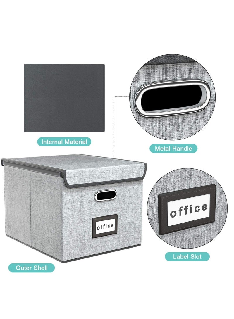 Excefore Portable File Organiser Box with Lid, Collapsible Linen Hanging Filing Storage Boxes with Plastic Slide, Decorative Home/Office Filing System for File and Folders Storage (Grey) - Image 2