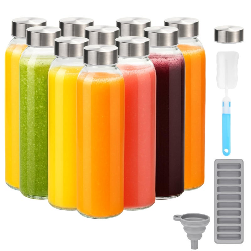 Zukro Glass Water Bottles with Lids 18 oz, 10 Pack Reusable Juice Bottles With Stainless Steel Airtight Cap for Juicing, Leak Proof Clear Drinking Jar Beverage storage container for Fridge, BPA Free - Image 1